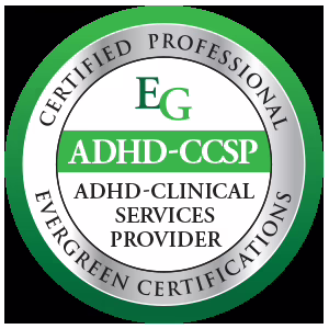 ADHD-CCSP Badge Certified Professional ADHD Clinical Services Provider badge.